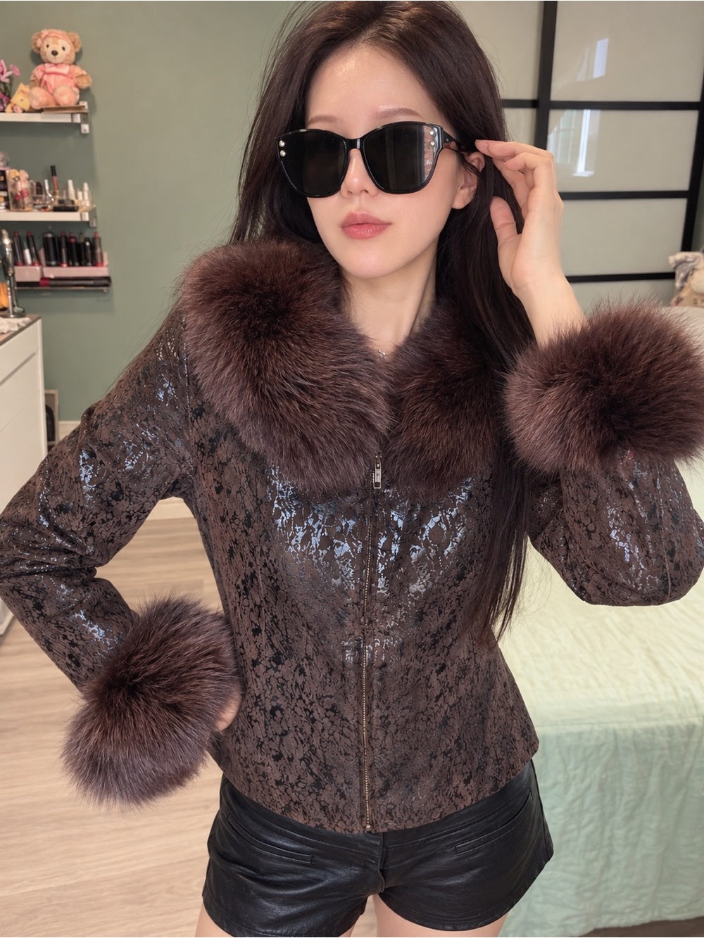 Vintage Plum Brown Pigskin Leather Fox collar &cuff Jacket Y2K XS